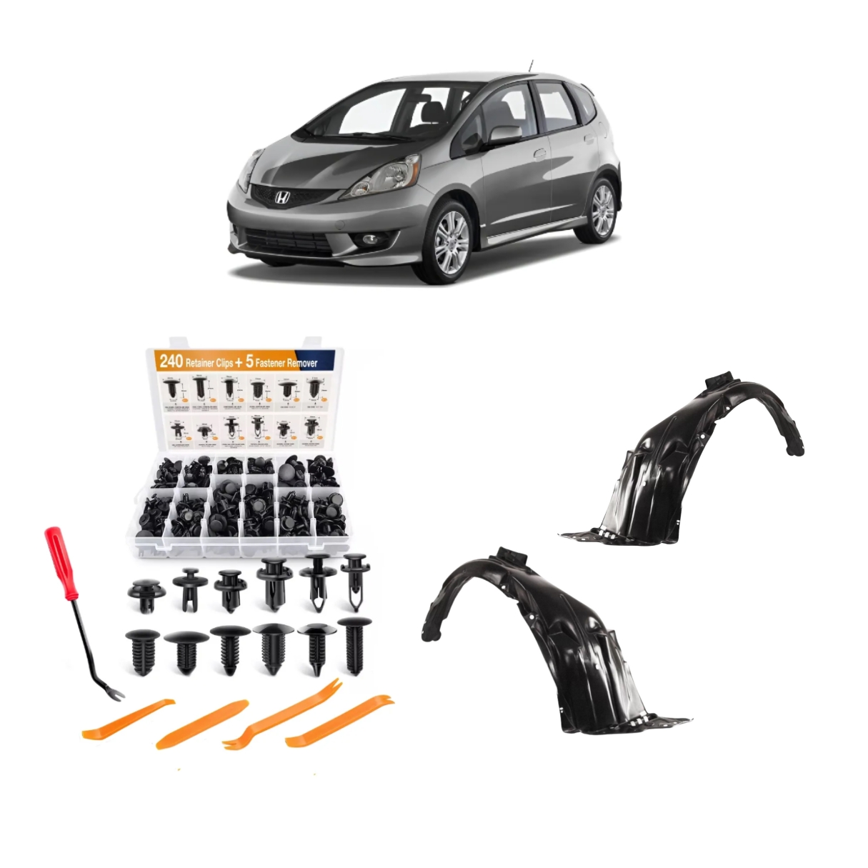 KIT-CLIP002-GPLA004-X2-FIT-08-13-9 Kit 240 Clips + 2 Guardaplast Delanteros Honda Fit 08-13 - Imagen 1